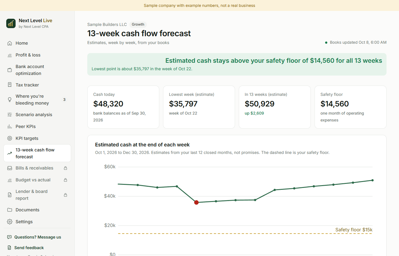 13-week cash flow forecast for a sample company: estimated cash at the end of each week with a dashed safety floor line.