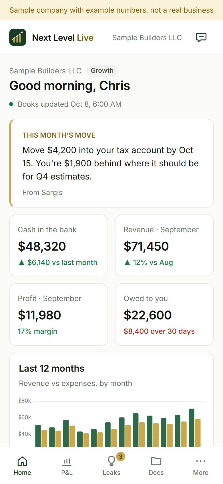 Next Level Live on a phone for a sample company: this month's move, cash, revenue, profit and amount owed, with a bottom tab bar.